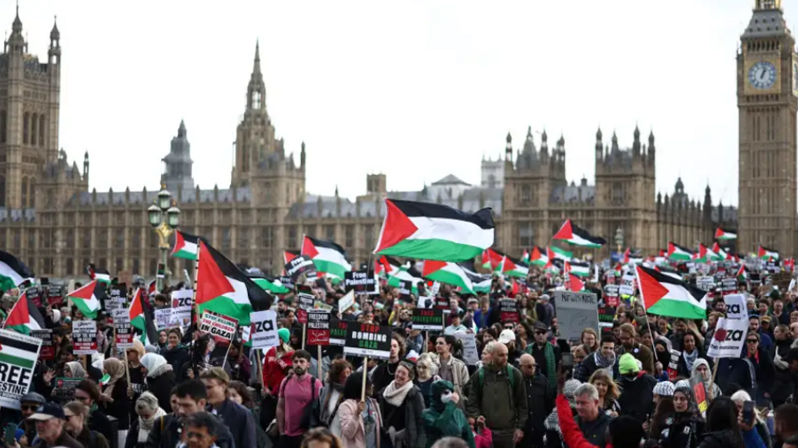 Pro-Palestine protesters march through London demanding an Israeli ceasefire in Gaza
