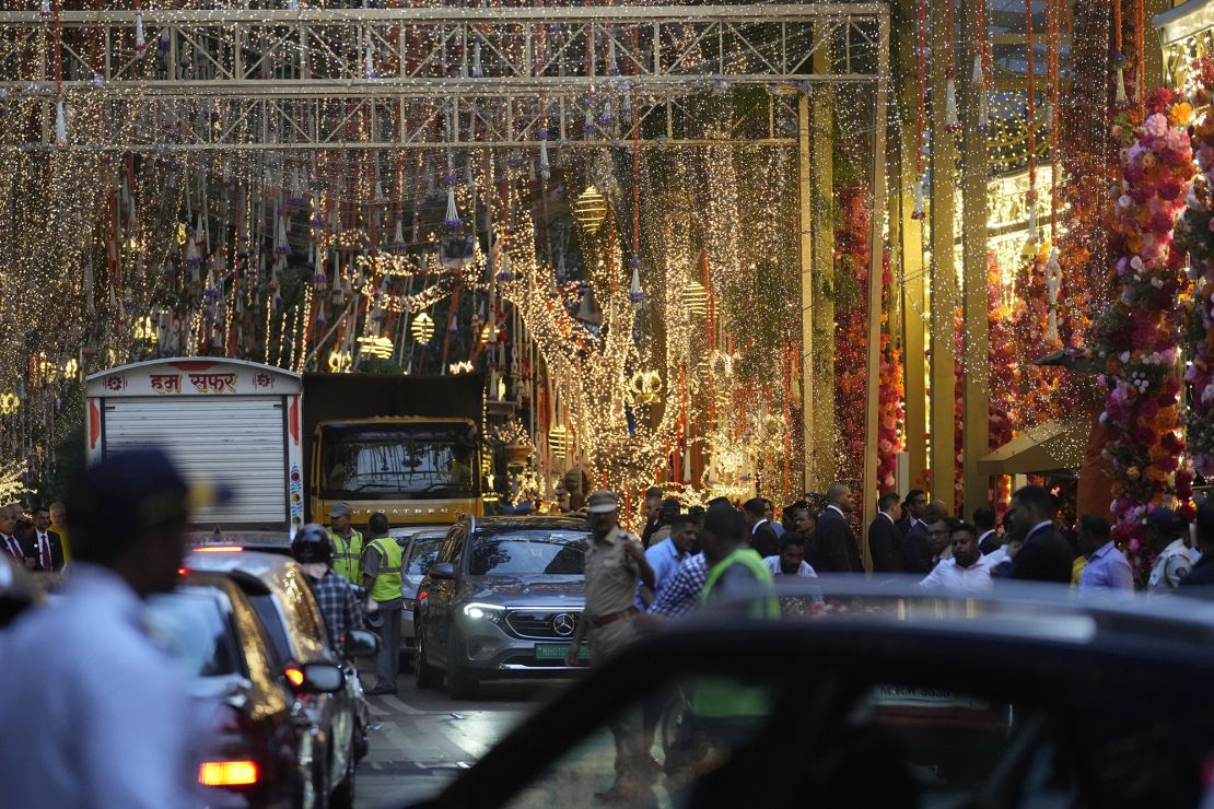 Decorations are seen outside the Antilia during the pre-wedding ceremony of Anant Ambani and Radhika Merchant in Mumbai, India, Wednesday, July 3, 2024.